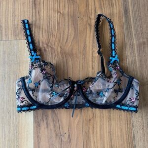 Honey Birdette Embroidered Black and Blue Lace Bralette